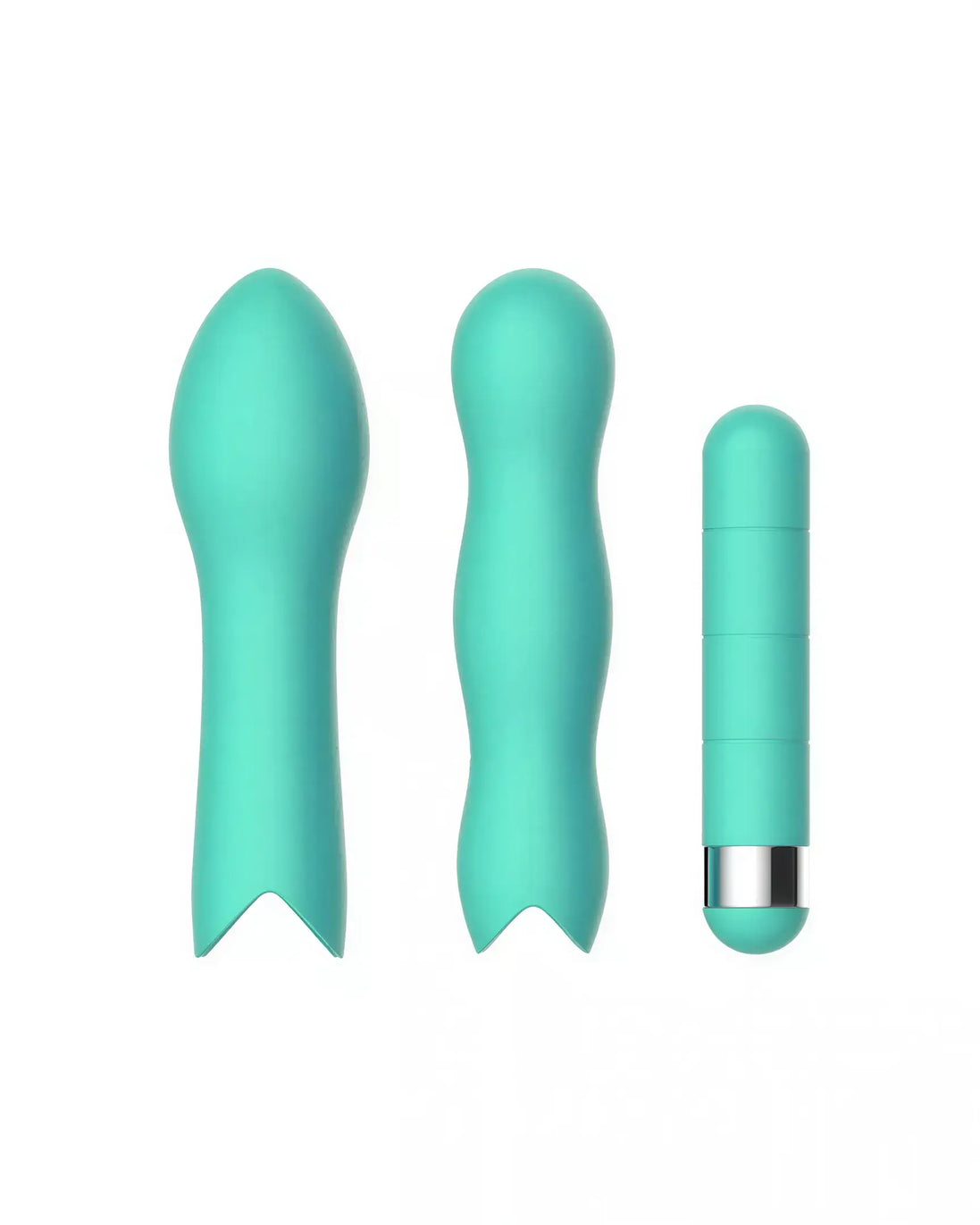 Share Satisfaction Play Bullet Kit featuring three teal silicone vibrators in various shapes and sizes.