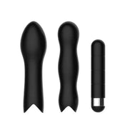 Share Satisfaction Play Bullet Kit featuring three black vibrators in varying shapes and sizes, designed for versatile use.