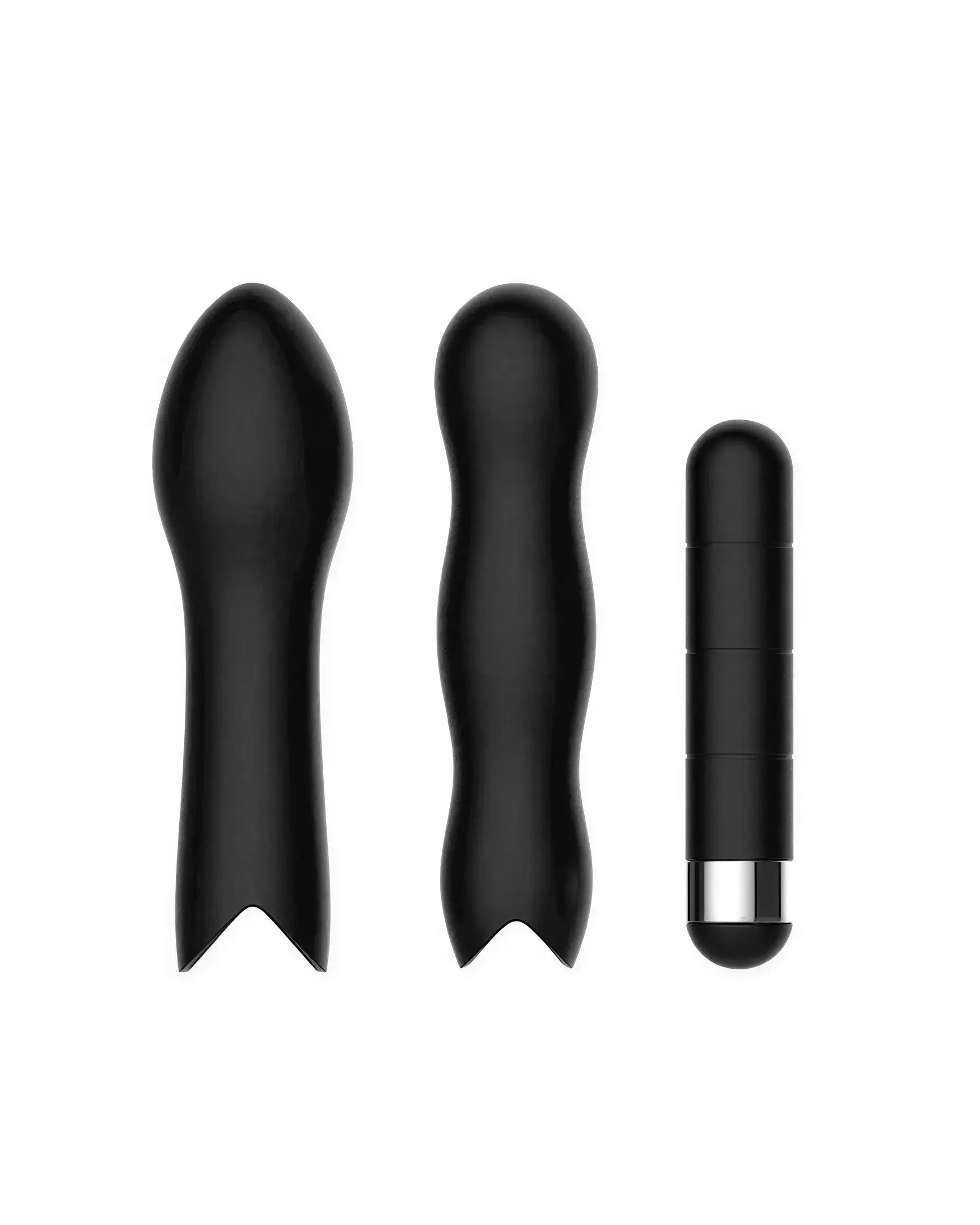 Share Satisfaction Play Bullet Kit featuring three black vibrators in varying shapes and sizes, designed for versatile use.