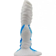 Share Satisfaction Kinki Carnivore Monster Dildo in white and blue, featuring a textured design and a sturdy base.