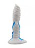 Share Satisfaction Kinki Carnivore Monster Dildo in white and blue, featuring a textured design and a sturdy base.