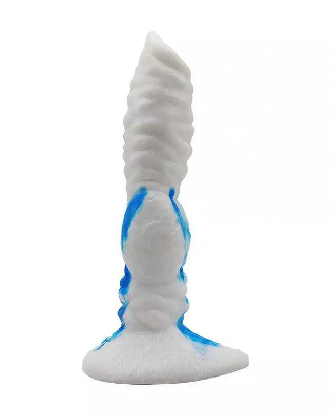 Share Satisfaction Kinki Carnivore Monster Dildo in white and blue, featuring a textured design and a sturdy base.