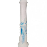 Share Satisfaction Kinki XL 11.2 inch stallion dildo in white with blue accents and textured shaft for enhanced grip.