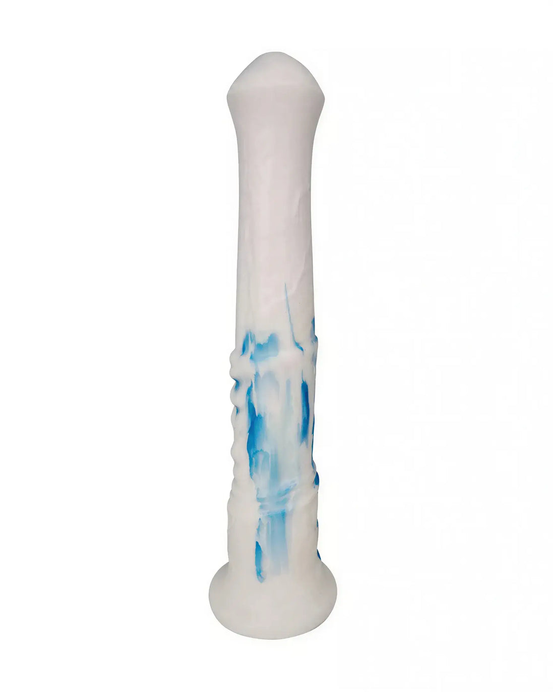 Share Satisfaction Kinki XL 11.2 inch stallion dildo in white with blue accents and textured shaft for enhanced grip.