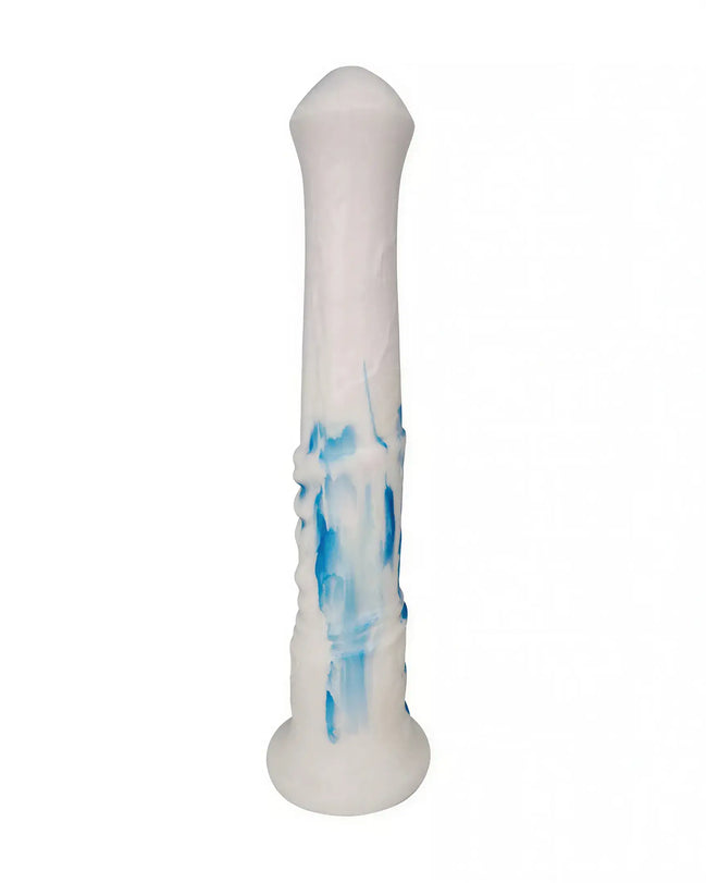 Share Satisfaction Kinki XL 11.2 inch stallion dildo in white with blue accents and textured shaft for enhanced grip.