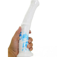 Share Satisfaction Kinki XL 11.2 inch stallion dildo in white with blue accents, held in a hand for scale.