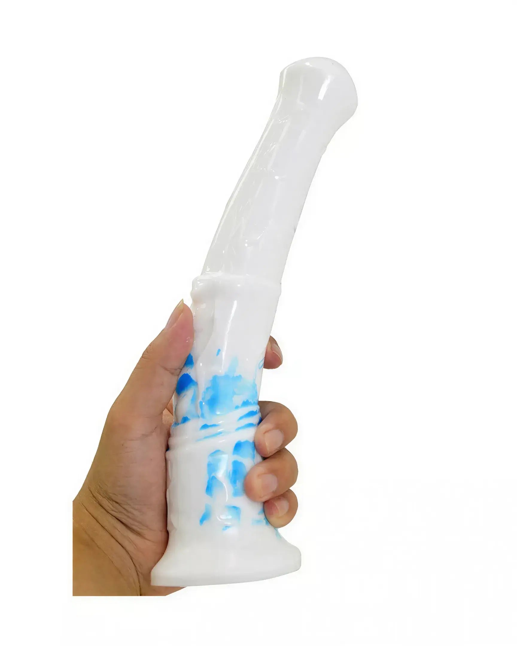 Share Satisfaction Kinki XL 11.2 inch stallion dildo in white with blue accents, held in a hand for scale.