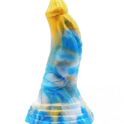 Share Satisfaction Kinki Mythos Monster Dildo in blue and yellow with a textured design and curved shape.