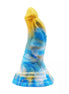 Share Satisfaction Kinki Mythos Monster Dildo in blue and yellow with a textured design and curved shape.