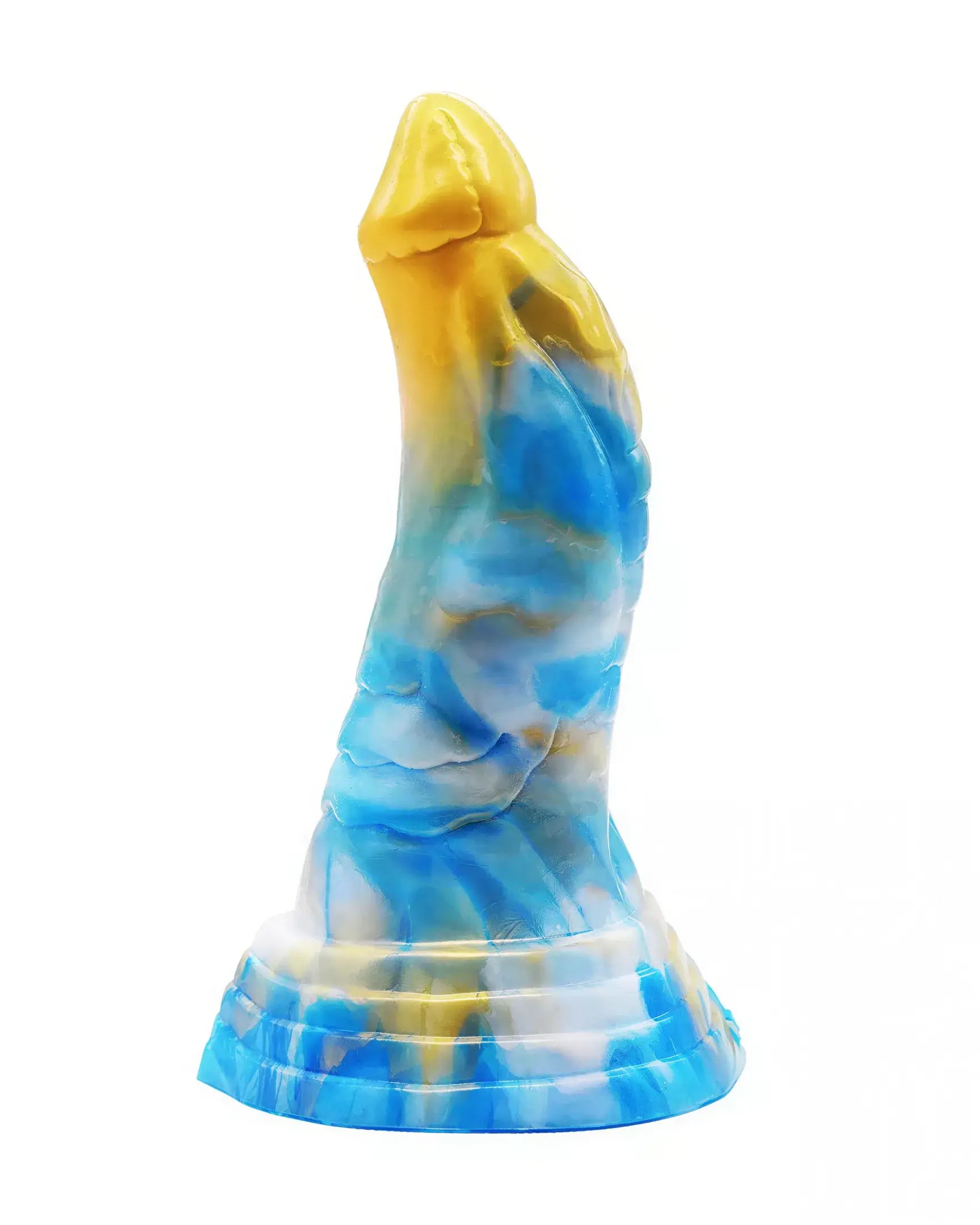 Share Satisfaction Kinki Mythos Monster Dildo in blue and yellow with a textured design and curved shape.