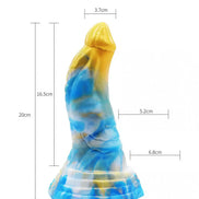 Share Satisfaction Kinki Mythos Monster Dildo in blue and yellow, featuring a curved design and textured surface, measurin...