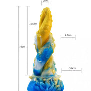 Kinki Cthulhu tentacle dildo in blue and yellow, featuring textured details and a base, measuring 19 cm tall.