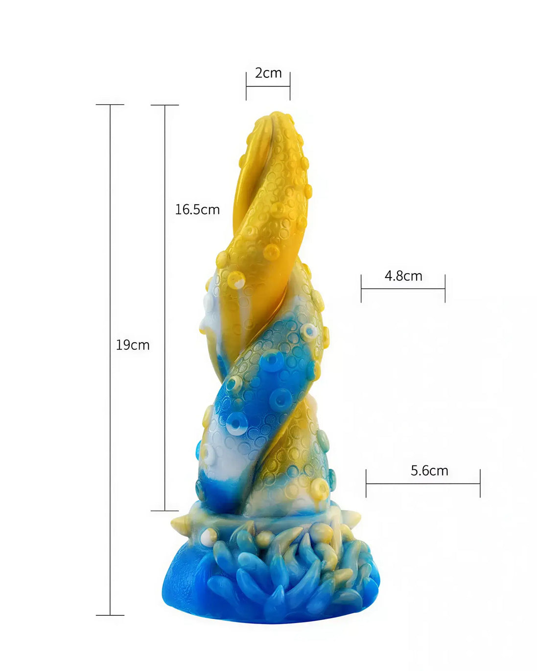 Kinki Cthulhu tentacle dildo in blue and yellow, featuring textured details and a base, measuring 19 cm tall.