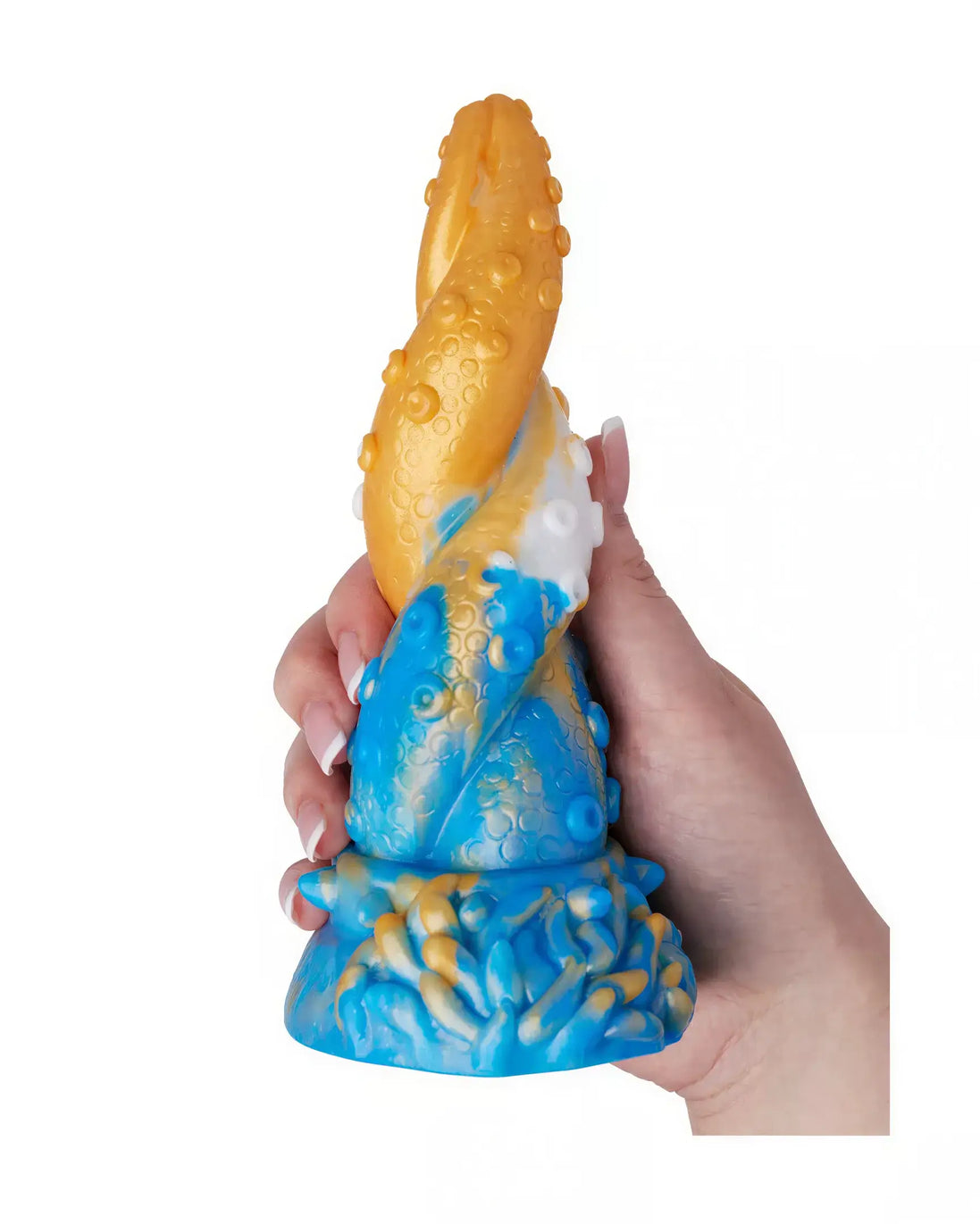 Kinki Cthulhu tentacle dildo in blue and orange, featuring textured details and a hand holding it for scale.