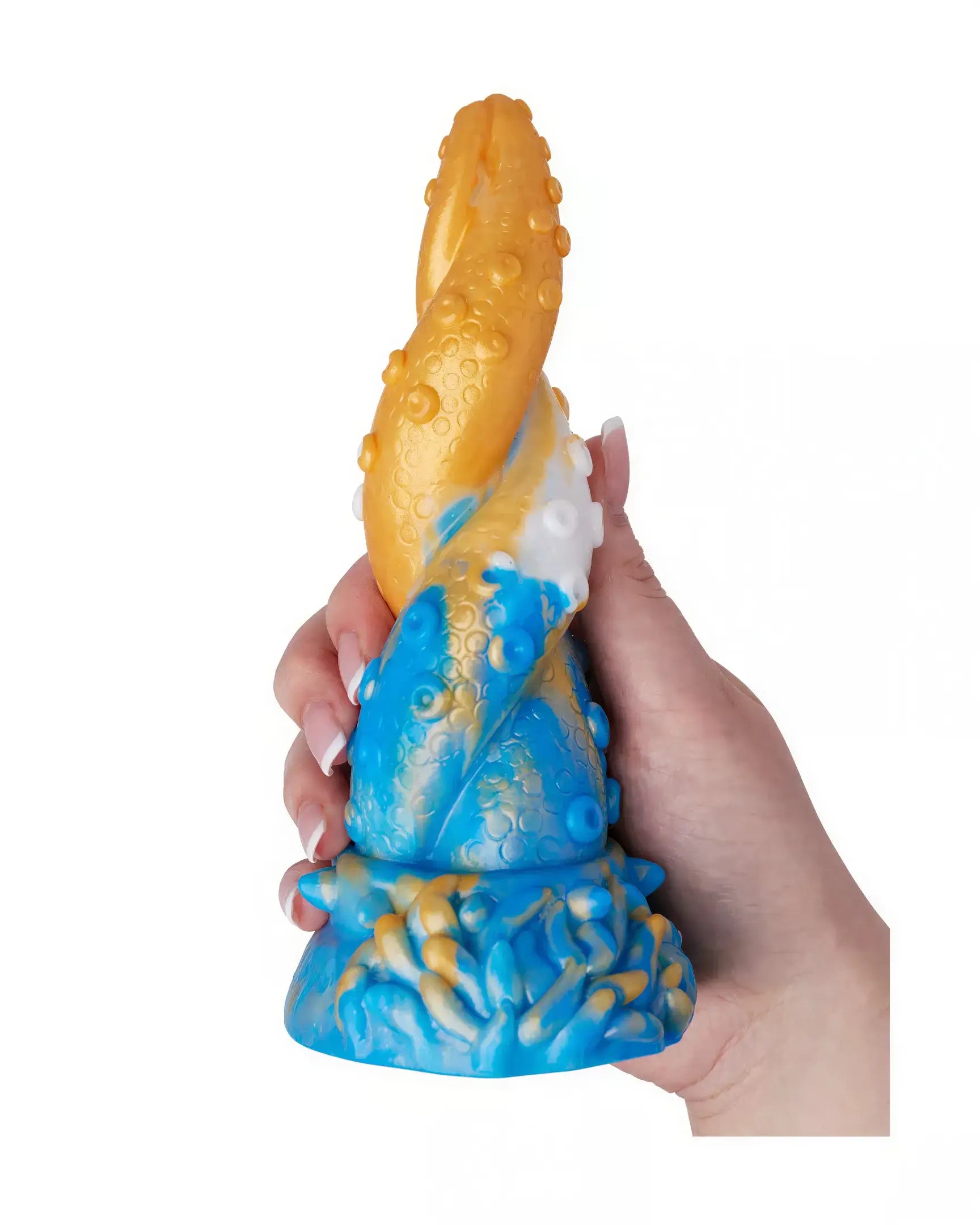 Kinki Cthulhu tentacle dildo in blue and orange, featuring textured details and a hand holding it for scale.