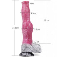 Kinki Canine Monster dildo in pink and gray, featuring detailed texture and measurements displayed alongside.