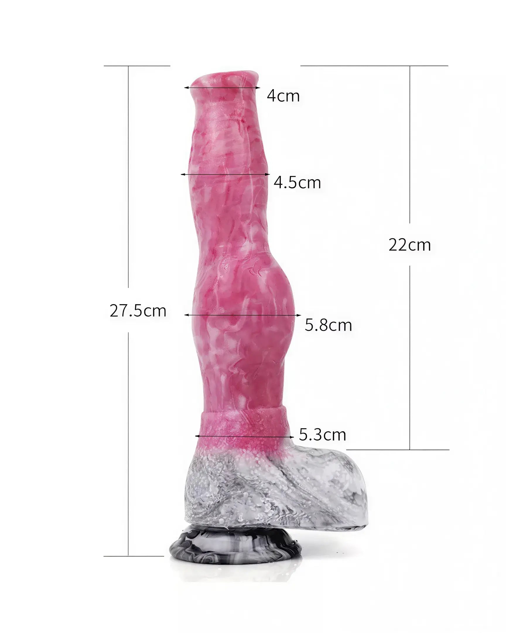 Kinki Canine Monster dildo in pink and gray, featuring detailed texture and measurements displayed alongside.