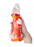 Share Satisfaction Kinki Titan Monster Dildo in vibrant red, orange, and white marbled silicone, held in a hand.