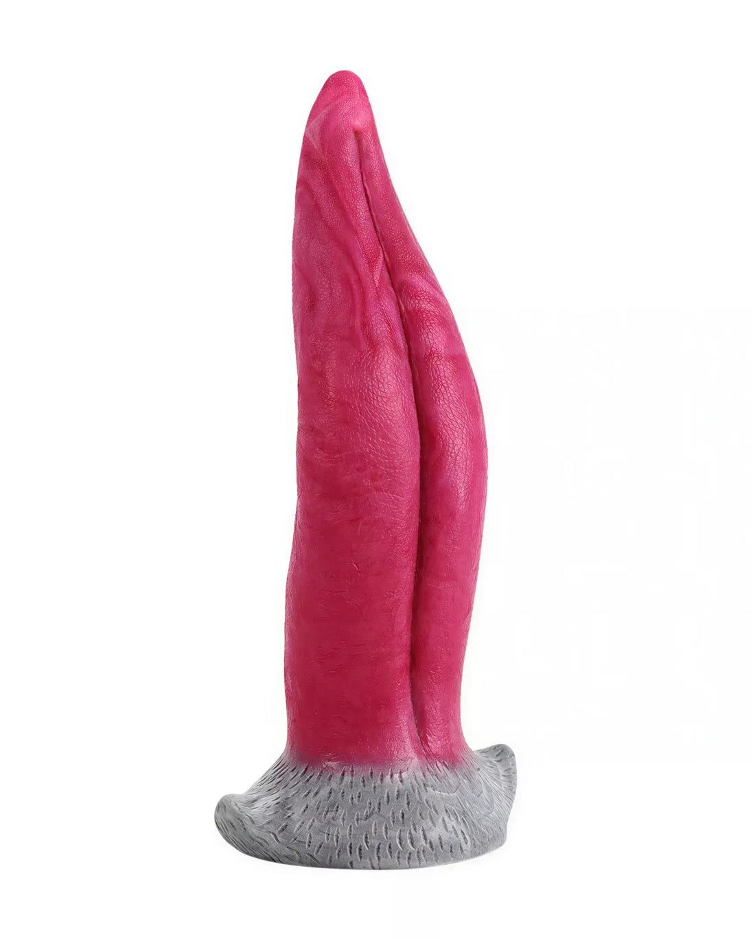 Kinki James Of Hell tongue dildo in pink and gray, featuring a textured base and dual tapered design.