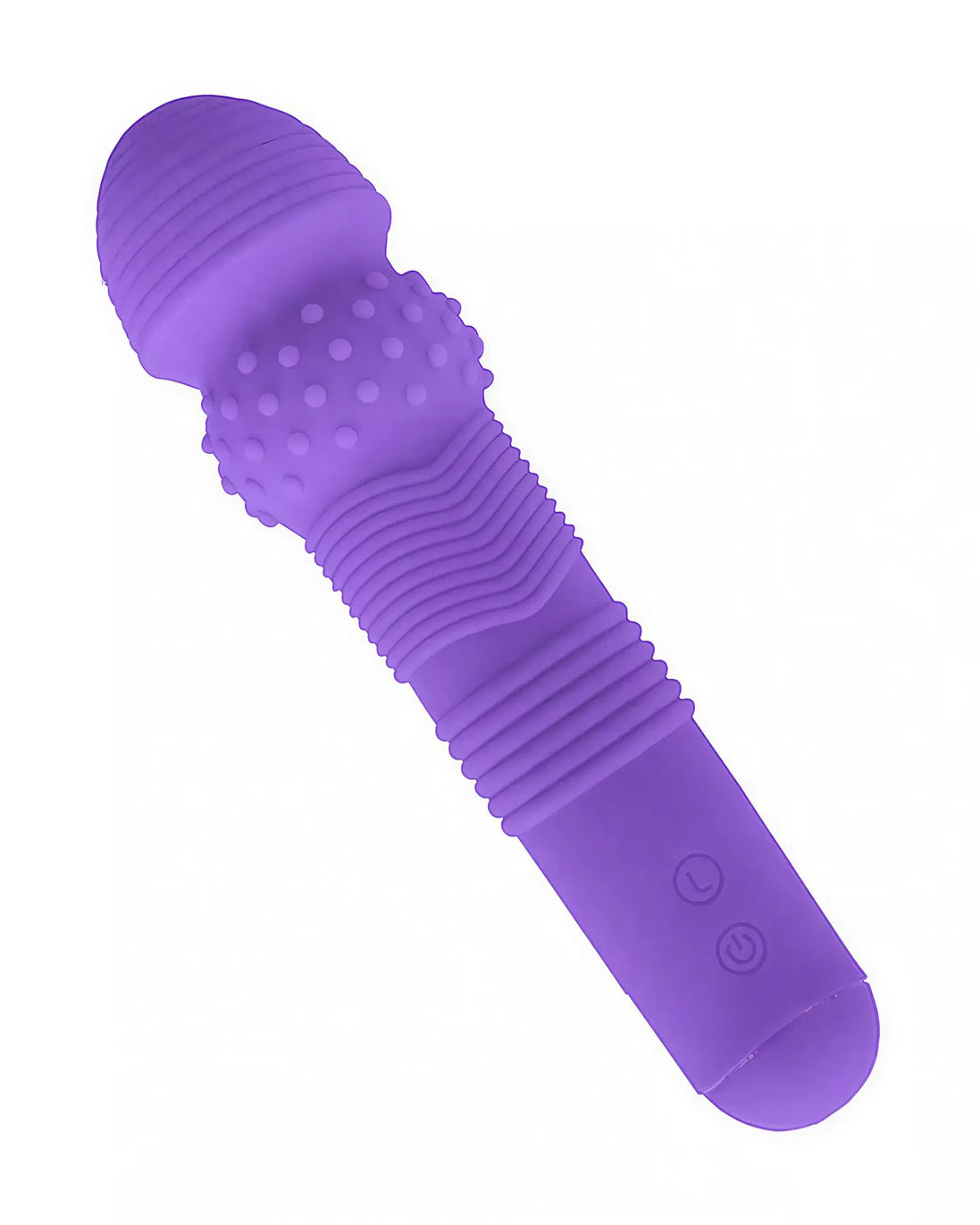 Lyra textured wand vibrator in purple with ribbed and dotted surfaces, featuring two control buttons.