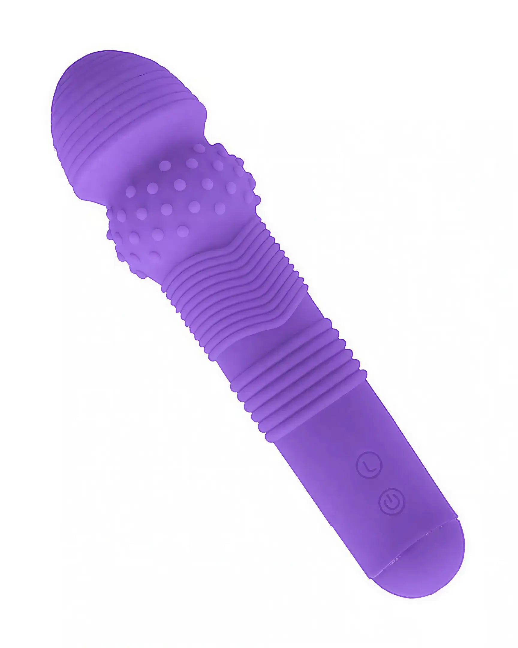 Lyra textured wand vibrator in purple with ribbed and dotted surfaces, featuring two control buttons.