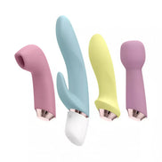 Satisfyer Marvellous Four vibrator set with interchangeable heads in pink, blue, yellow, and purple colors.