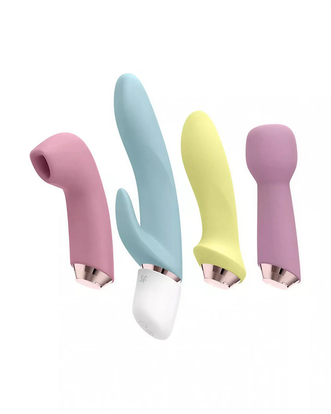 Satisfyer Marvellous Four vibrator set with interchangeable heads in pink, blue, yellow, and purple colors.