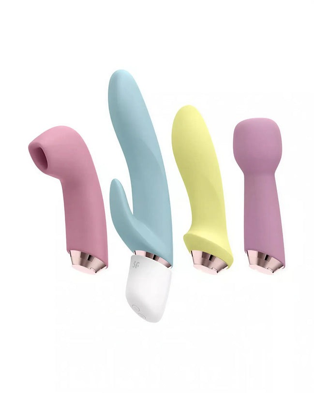 Satisfyer Marvellous Four vibrator set with interchangeable heads in pink, blue, yellow, and purple colors.