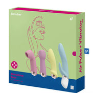 Satisfyer Marvellous Four vibrator set with four interchangeable heads in pink, yellow, and blue packaging.