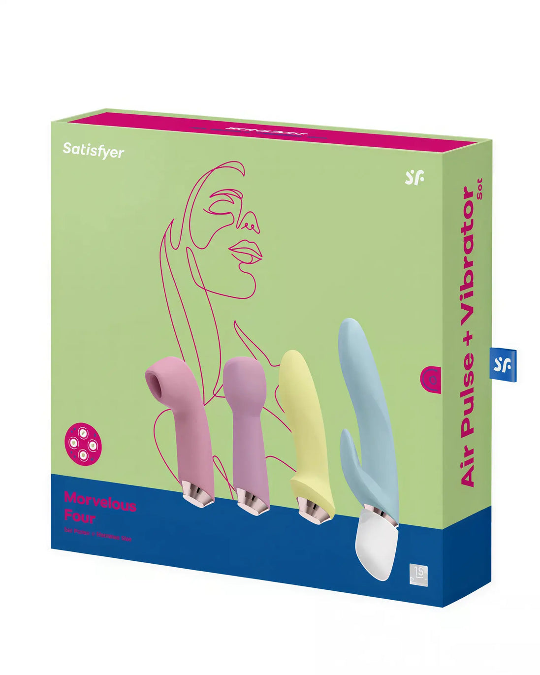Satisfyer Marvellous Four vibrator set with four interchangeable heads in pink, yellow, and blue packaging.