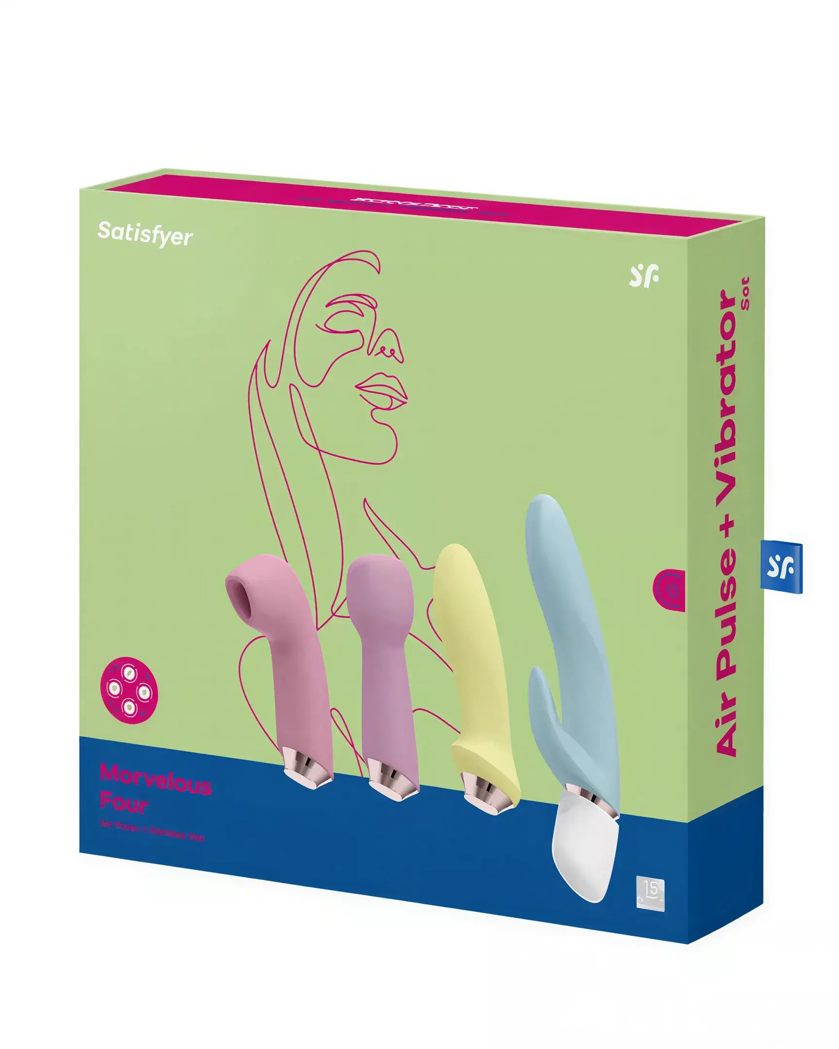 Satisfyer Marvellous Four vibrator set with four interchangeable heads in pink, yellow, and blue packaging.