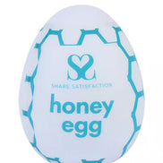 Share Satisfaction honey egg stroker in white with turquoise hexagonal pattern and branding on the front.