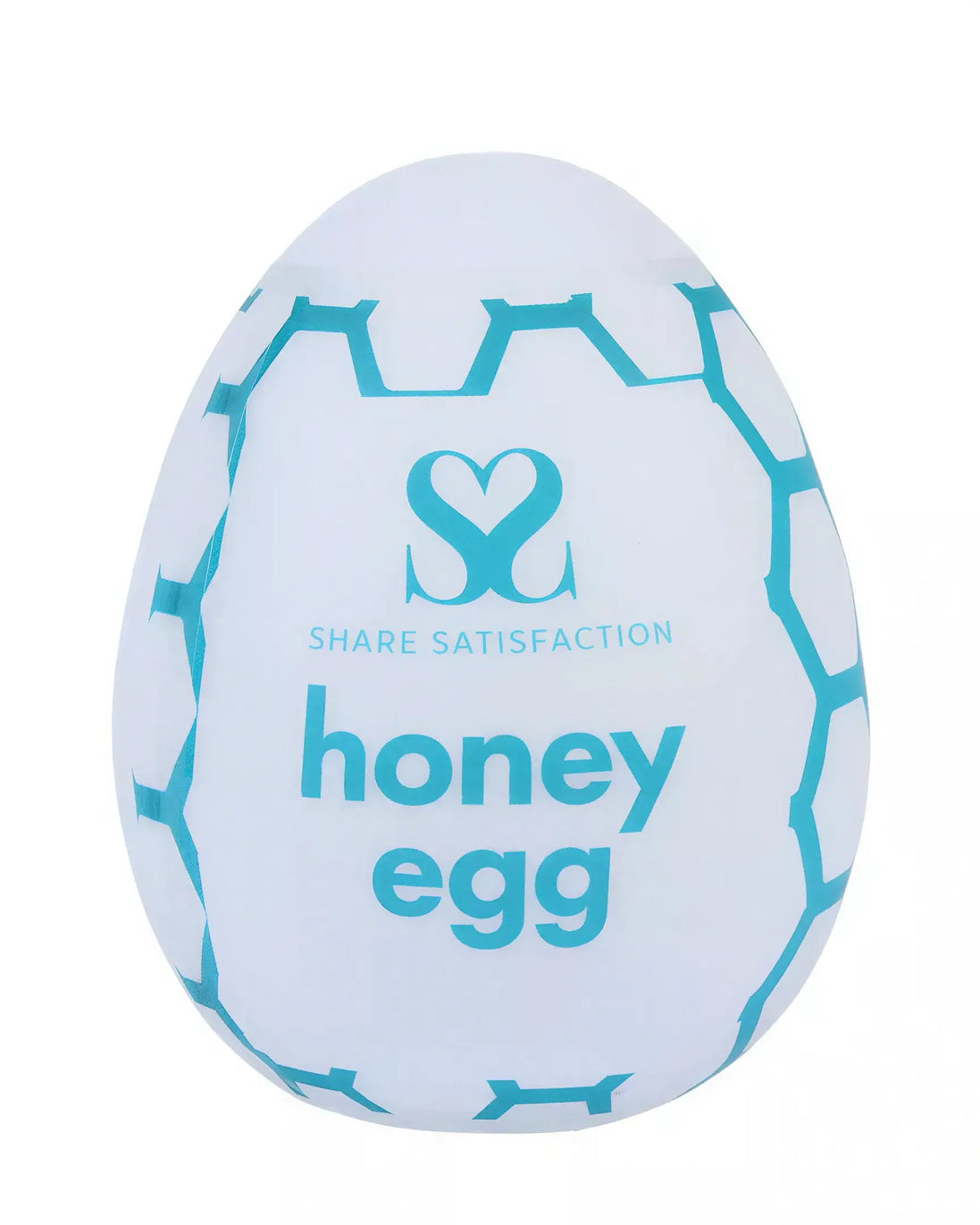 Share Satisfaction honey egg stroker in white with turquoise hexagonal pattern and branding on the front.