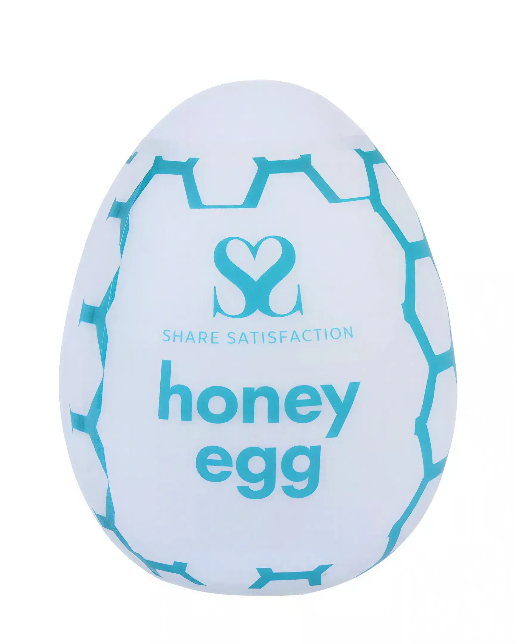Share Satisfaction honey egg stroker in white with turquoise hexagonal pattern and branding on the front.