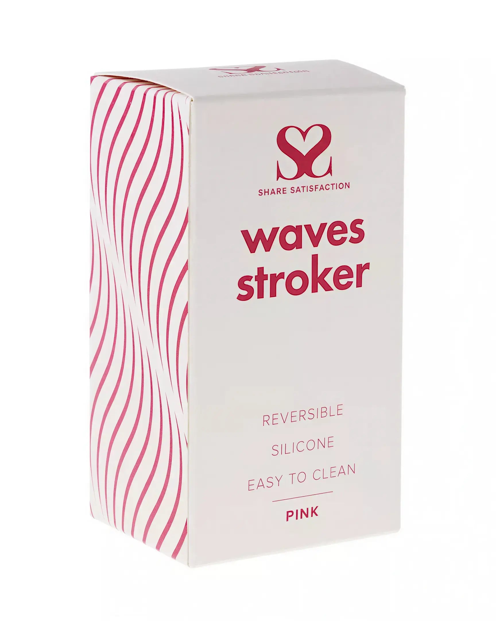 Share Satisfaction reversible waves stroker packaging in pink with wavy design and product details on the front.
