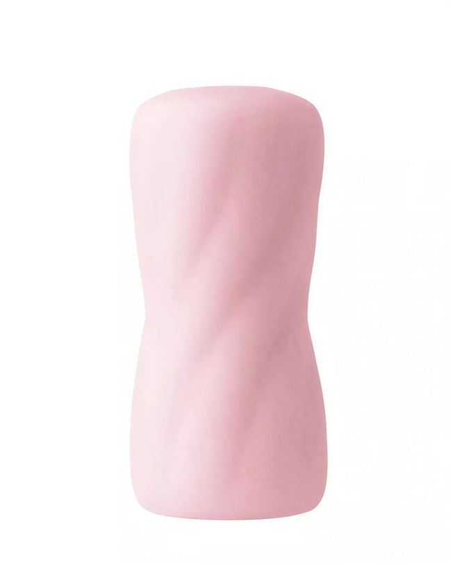 Share Satisfaction reversible pocket curves stroker in soft pink with a textured, contoured design for enhanced grip.