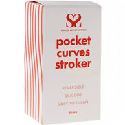 Share Satisfaction reversible pocket curves stroker in pink packaging with red text and striped design.