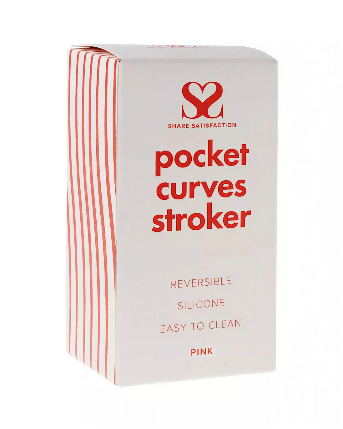 Share Satisfaction reversible pocket curves stroker in pink packaging with red text and striped design.