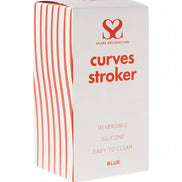 Curves stroker in blue silicone packaging with red text, featuring a reversible design and easy-to-clean instructions.