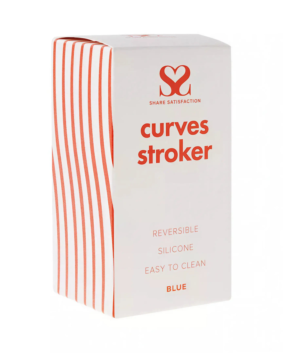 Curves stroker in blue silicone packaging with red text, featuring a reversible design and easy-to-clean instructions.