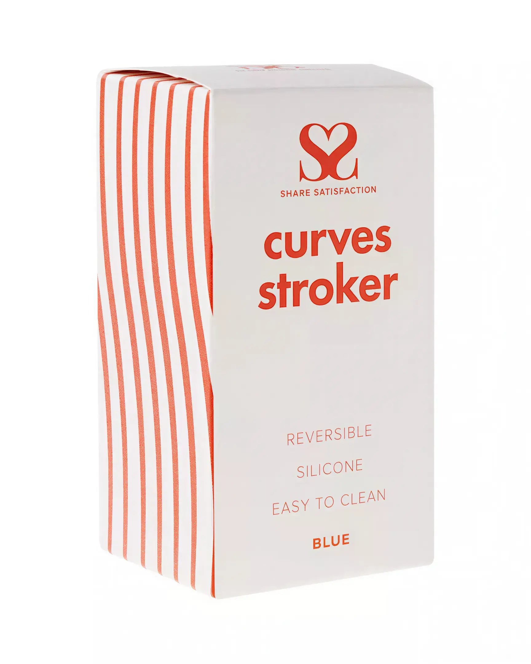 Curves stroker in blue silicone packaging with red text, featuring a reversible design and easy-to-clean instructions.