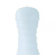 Share Satisfaction reversible curves stroker in translucent silicone with textured surface and contoured design.