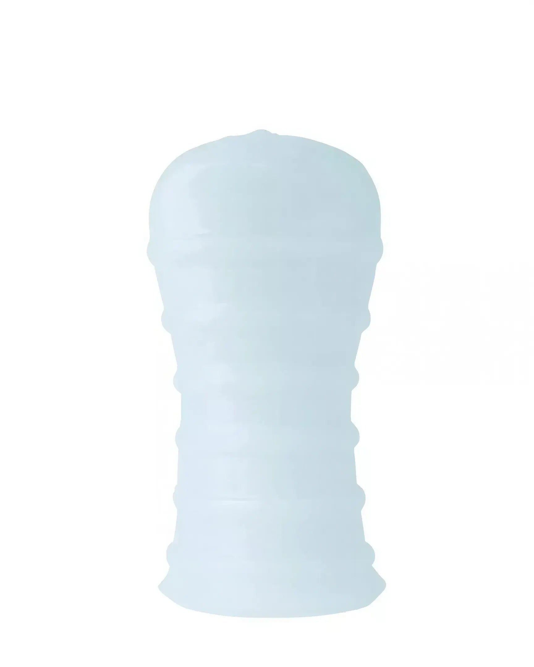 Share Satisfaction reversible curves stroker in translucent silicone with textured surface and contoured design.