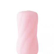 Reversible swirl stroker in soft pink with a textured, twisting design for enhanced grip and stimulation.
