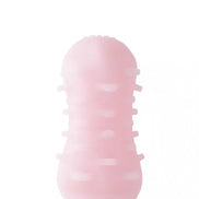 Share Satisfaction reversible swirl stroker in soft pink with textured surface and multiple ridges for enhanced grip.
