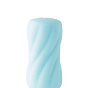 Share Satisfaction reversible swirl stroker in light blue with a twisted design, cylindrical shape, and smooth texture.