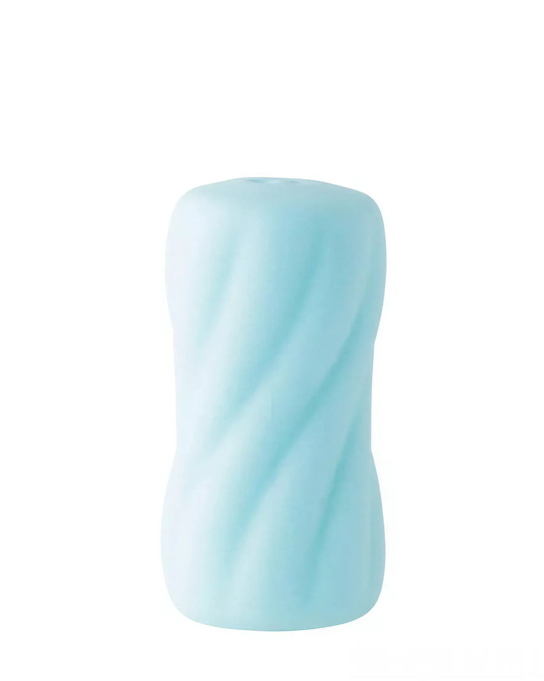 Share Satisfaction reversible swirl stroker in light blue with a twisted design, cylindrical shape, and smooth texture.