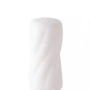 White, cylindrical stroker with a twisted swirl design, featuring a smooth surface and rounded top.