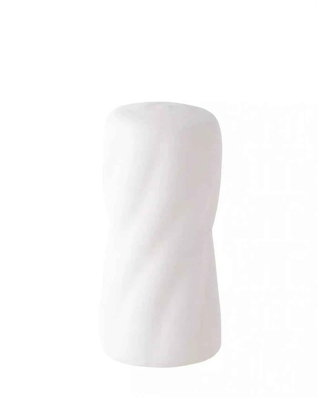 White, cylindrical stroker with a twisted swirl design, featuring a smooth surface and rounded top.