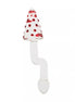 Lucent Magic Glass Massager with a clear body and red polka dots, featuring a curved handle and pointed tip.